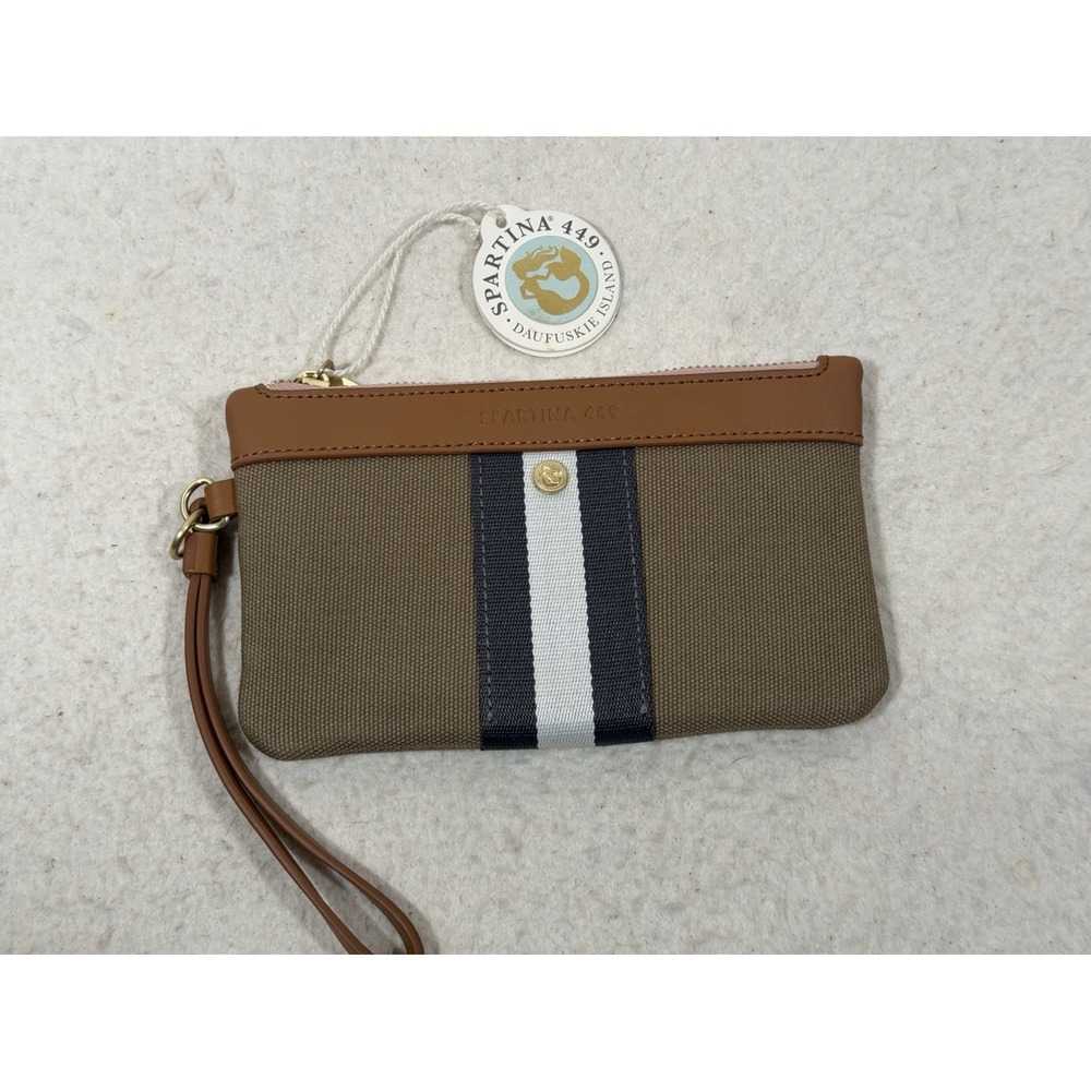 Spartina 449 Charlie Wristlet Olive Canvas Leather Striped Coastal Preppy NWT